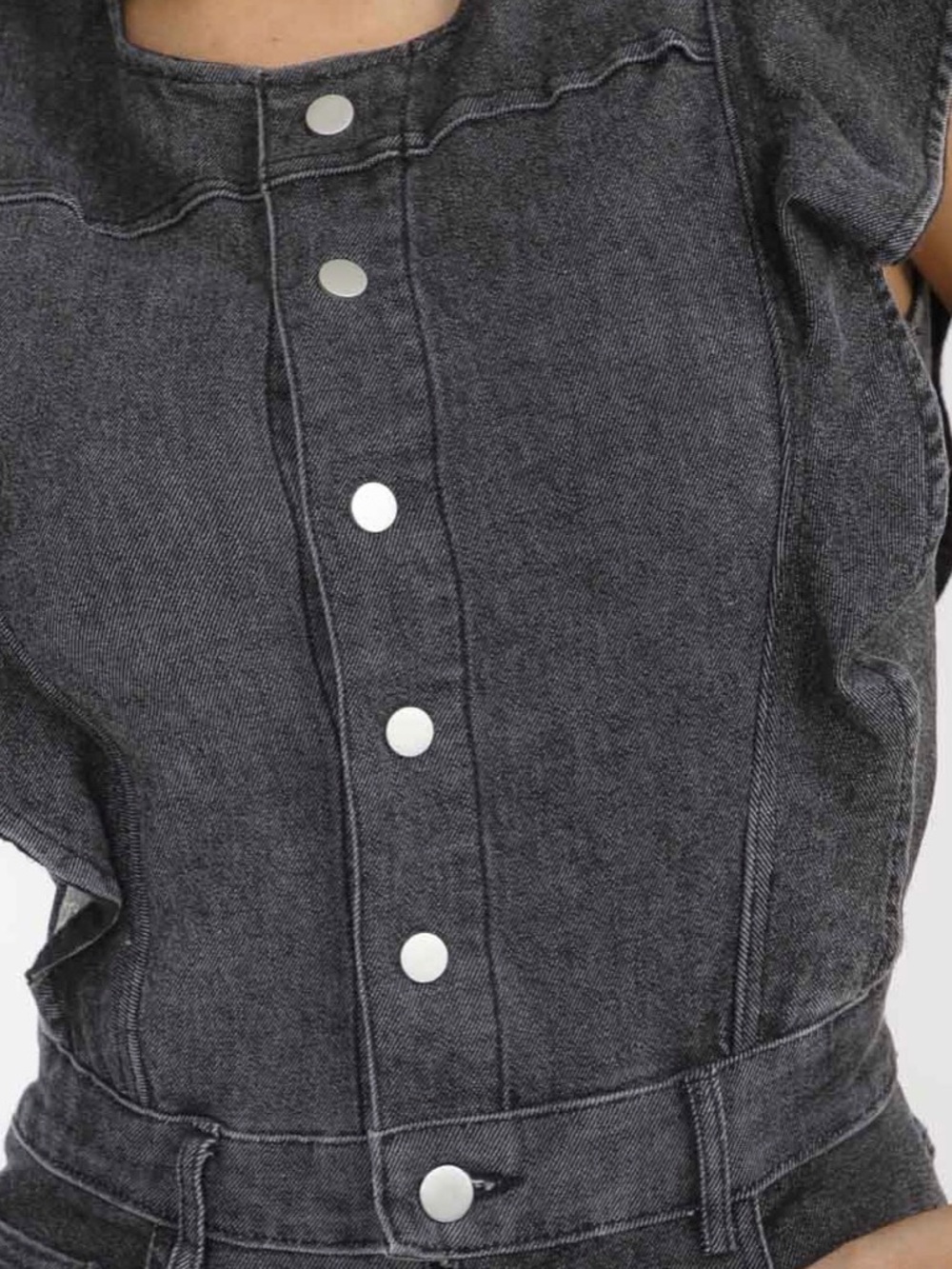A402. Dark Gray Denim Jumpsuit with Button Front & Ruffle Sleeves - Picture 4 of 6